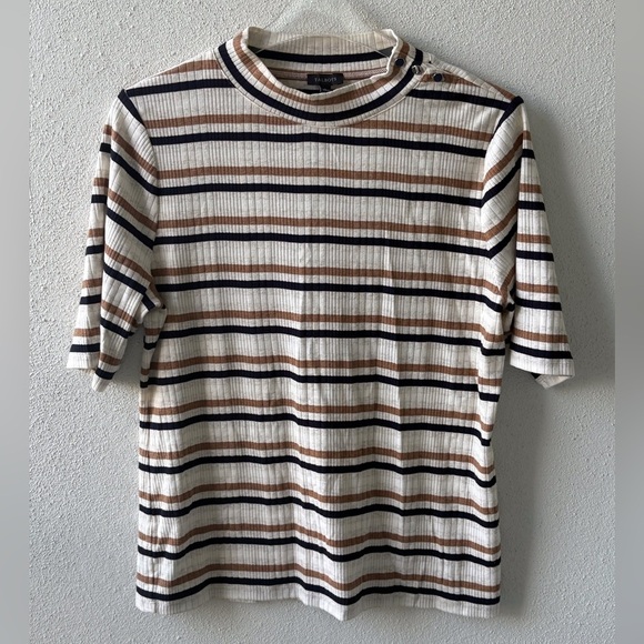 Talbots Mock Neck Soft Short Sleeve Tee Buttons L Stripe Casual Stretch Ribbed - Picture 1 of 9